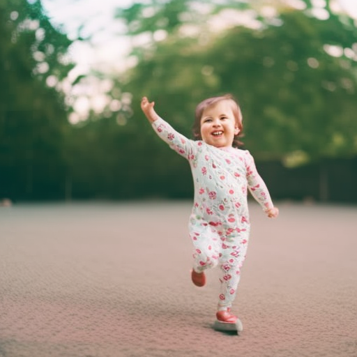 An image capturing a triumphant toddler taking her first independent steps, her tiny hands reaching out for balance, a beaming smile stretching across her face, as her chubby legs confidently propel her forward