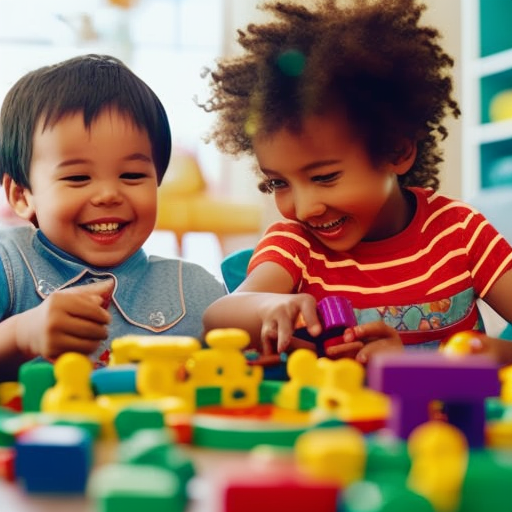 An image showcasing two children happily engaged in a variety of activities, surrounded by colorful toys and games