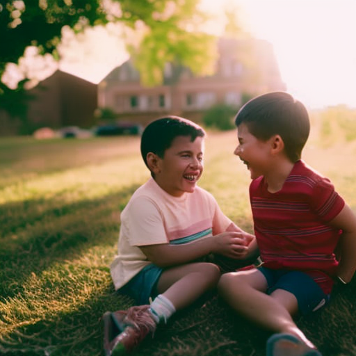 An image showcasing two children engaged in a playdate, their faces beaming with joy as they share toys, exchange smiles, and engage in an empathetic conversation, nurturing compassion and fostering lifelong friendships