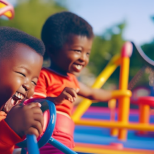 An image of two children laughing together on a colorful playground, their joyful faces illuminated by the warm sunlight