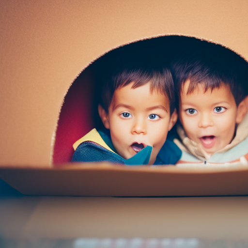 An image capturing two children immersed in a make-believe world, using a cardboard box spaceship and blankets as capes
