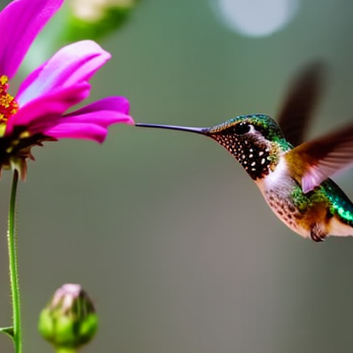 An image featuring a close-up view of a delicate hand gently holding a vibrant, blooming flower, while a hummingbird hovers nearby, gracefully sipping nectar from the flower's petals