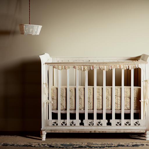 An image showcasing a rustic Pottery Barn baby crib with a distressed white finish, featuring intricate carved details on the headboard and footboard, complemented by sturdy wooden slats and a versatile convertible design