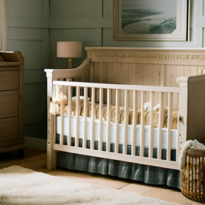 Pottery Barn Crib 3 An image capturing the rustic elegance of a Pottery Barn Crib: a softly weathered white frame with delicate woodwork, adorned with plush bedding in calming hues, nestled amidst a charming nursery filled with warm natural light