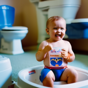 Ful toddler wearing colorful underwear sits confidently on a tiny toilet, surrounded by encouraging parents who applaud their success