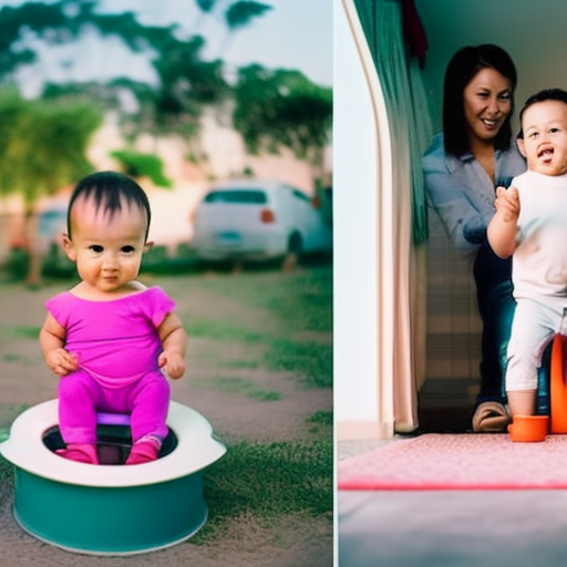 An image of a cheerful toddler sitting on a colorful potty chair, with their excited parent crouching down beside them, demonstrating the step-by-step process of potty training
