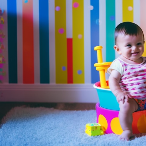 An image showcasing a cheerful toddler proudly sitting on a colorful, throne-like potty, surrounded by a vibrant array of stickers and small toys, symbolizing the joy and success of using reward systems and positive reinforcement in potty training
