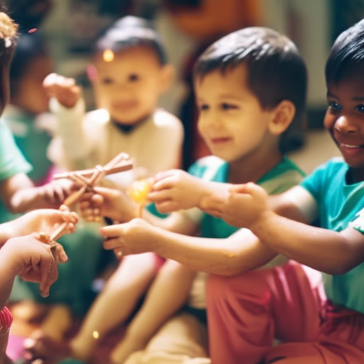An image of young children sitting in a circle, sharing toys and engaging in cooperative play