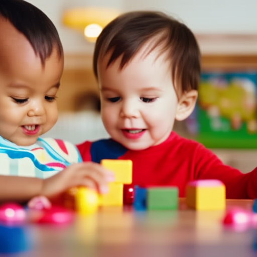 An image depicting two cheerful preschoolers engaged in a variety of age-appropriate activities, such as building blocks, coloring, and playing with stuffed animals