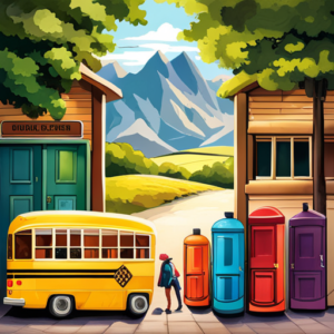 An image showcasing a montage of vibrant backpacks, each filled with essentials like water bottles, snacks, and books, waiting eagerly in a row