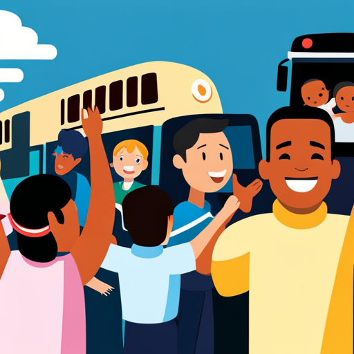 An image depicting a group of diverse children, eagerly listening to a bus driver pointing at a visual chart illustrating bus safety rules, with happy expressions and raised hands, showcasing their preparedness for safe bus rides