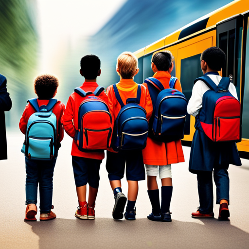 An image of a group of children standing in line at a bus stop, their excited faces turned towards a passing bus