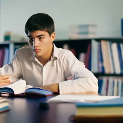 An image capturing a focused teen sitting at a desk, surrounded by textbooks, notebooks, and a laptop