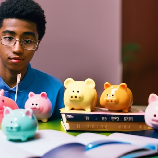 An image showcasing a teenager sitting at a desk, surrounded by colorful piggy banks, a laptop displaying a budgeting spreadsheet, and a stack of books labeled "College Expenses," highlighting the importance of financial planning for their college journey