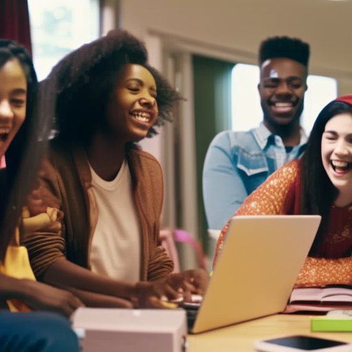 An image featuring a diverse group of excited teens gathered around a table in a college dorm room, studying, laughing, and collaborating on projects