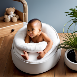 An image that showcases a cozy, padded baby mattress with a contoured headrest, surrounded by adorable plush toys