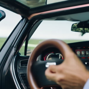 An image capturing a serene scene of a car interior, with a concerned driver's hand gently pressing a button on the window control panel while a nearby keychain dangles, emphasizing the importance of preventing accidental car lock-ins