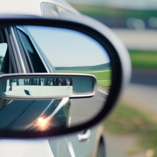 An image featuring a close-up of a car's rearview mirror, reflecting a blurred background of a license plate covered with a blank sticker