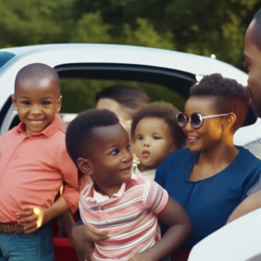 An image of a diverse group of parents and children gathered around a car, engaged in a lively conversation