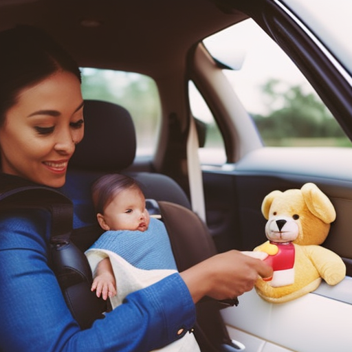 An image capturing a serene morning scene, showing a parent placing a diaper bag, a plush toy, and a water bottle on the backseat, while simultaneously locking the car door, emphasizing the importance of a routine and checklist in preventing hot car incidents