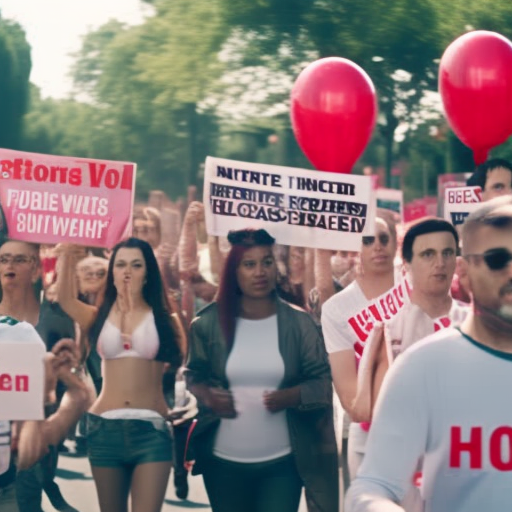 An image depicting a diverse group of people passionately engaged in a public demonstration, holding signs and wearing t-shirts with slogans against hot car incidents, surrounded by vibrant banners and balloons