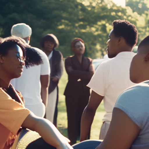 An image depicting diverse individuals gathered in a warm, sunlit park, engaged in conversation, sharing knowledge and resources
