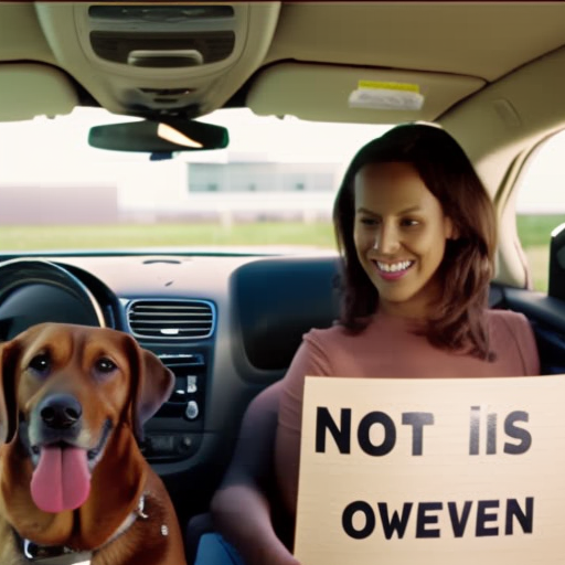 An image showing a loving pet owner teaching their dog to sit beside a "No Pets in Hot Cars" sign, emphasizing responsible pet ownership and preventing hot car tragedies