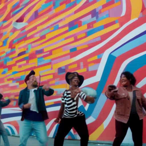 An image of a vibrant mural covering a city wall, depicting diverse individuals engaged in expressive acts like dancing, painting, and playing music, symbolizing art's powerful role in driving social transformation