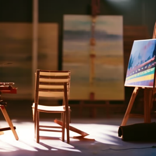 An image of a sunlit room with paintbrushes scattered across a wooden table, a canvas standing on an easel, colorful paint tubes squeezed onto a palette, and a chair invitingly positioned, inspiring viewers to embrace their inner creativity
