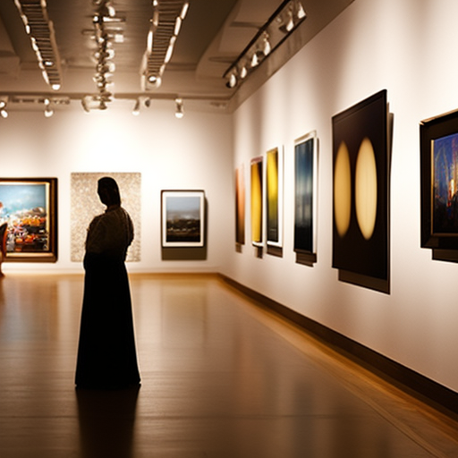 An image of a vibrant, bustling art gallery filled with diverse artworks displayed on sleek, minimalist walls