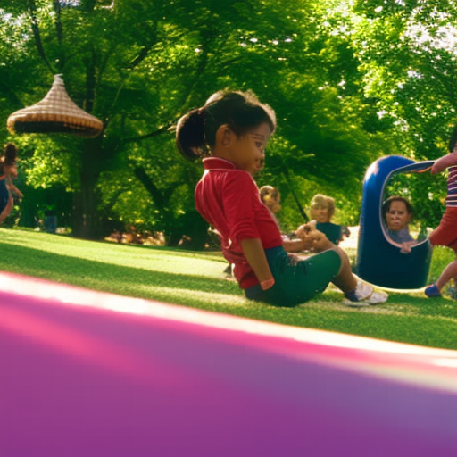 An image showcasing a brightly colored playground with diverse children engaging in various physical activities like swinging, climbing, and playing tag, surrounded by lush green trees and smiling adult figures encouraging them