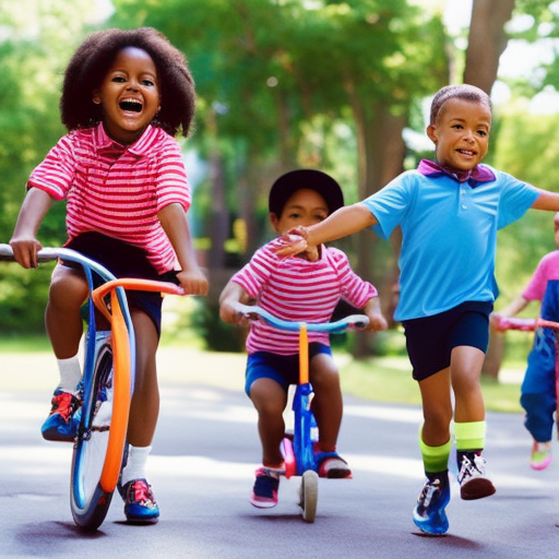 An image showcasing diverse children actively engaged in age-appropriate physical activities, such as jumping rope, playing tag, and riding bikes