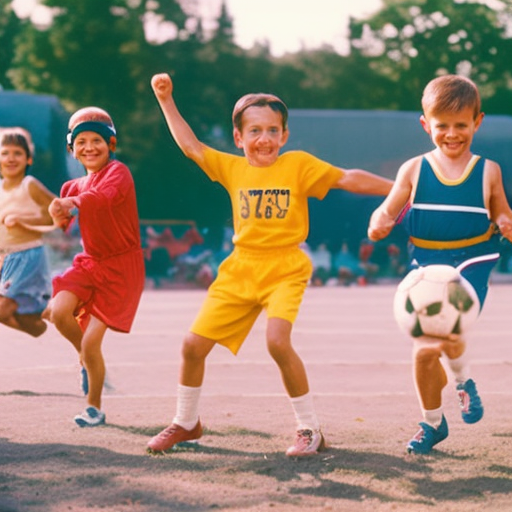 An image capturing the joy of children engaged in various physical activities, showcasing their beaming smiles, energetic movements, and vibrant colors of their sports equipment, inspiring readers to promote physical activity