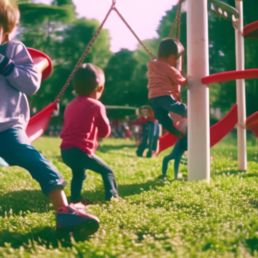 An image showcasing a vibrant, outdoor playground filled with children engaged in active play, such as swinging, climbing, and running, while electronic devices remain untouched and neglected in the background