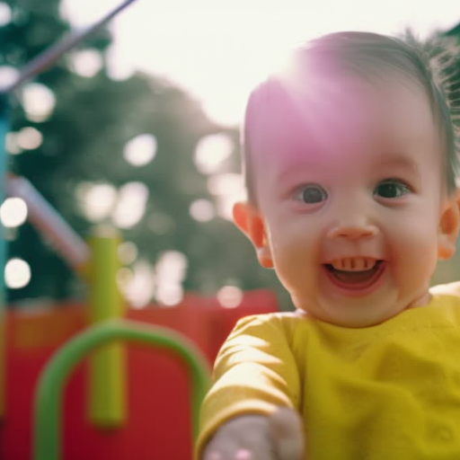 An image depicting a smiling toddler joyfully exploring a colorful playground, confidently climbing a ladder, as supportive parents cheer them on from a distance, radiating proud and encouraging expressions
