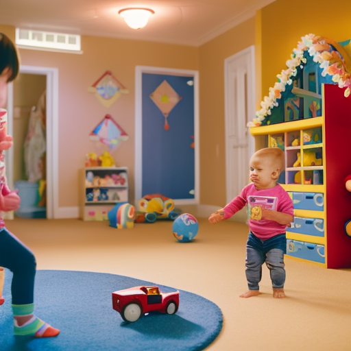 An image showcasing a brightly colored playroom with soft, inviting cushions on the floor, a variety of age-appropriate toys neatly organized on shelves, and a large wall mirror reflecting the joyful expressions of toddlers engaging in cooperative play