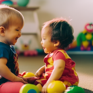 An image of two toddlers sitting cross-legged facing each other, hands clasped in a friendly gesture, with beaming smiles and eyes locked in genuine connection, surrounded by colorful toys and playful surroundings