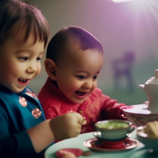 An image showcasing two toddlers engaging in a friendly tea party, their faces beaming with joy as they pour imaginary tea, share pretend cookies, and engage in animated conversation, emphasizing the importance of enhanced social skills for positive interactions