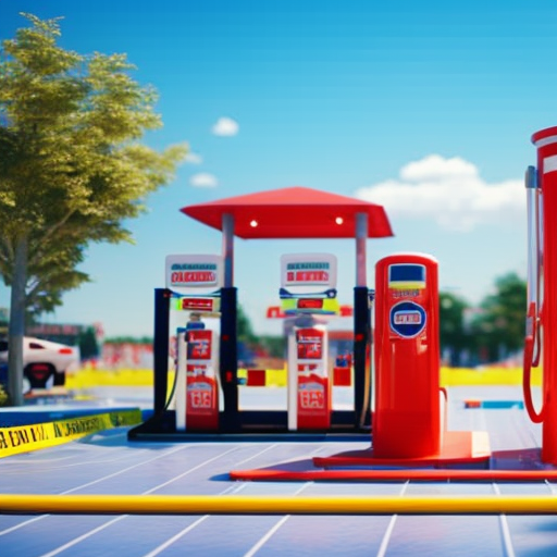 An image capturing a sunny gas station scene with a vibrant playground adjacent to it