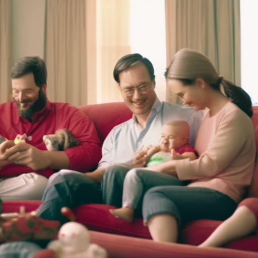 An image showcasing a cozy living room scene where two couples sit together, engaged in conversation, sharing laughter and advice on a soft sofa, while their babies peacefully play nearby with colorful toys