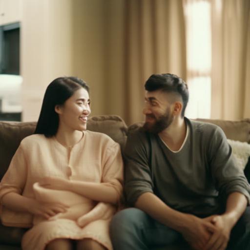 An image depicting a couple sitting in a cozy living room, engaged in open and empathetic communication, as they resolve a conflict together, post-baby
