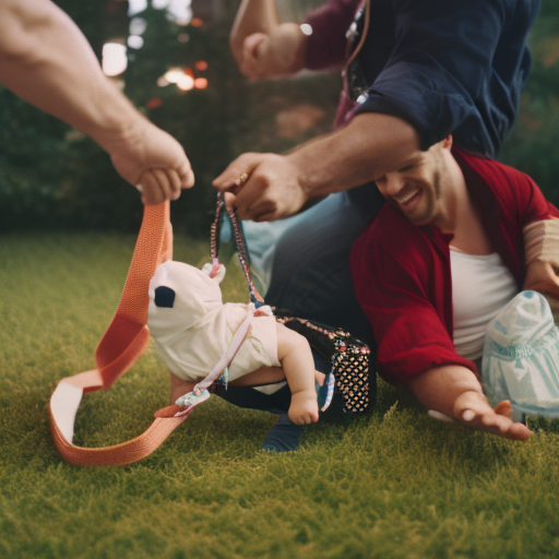 An image showcasing a couple engaged in a playful tug-of-war with a diaper bag, symbolizing the importance of equally sharing parenting responsibilities to protect the bond between partners after having a baby