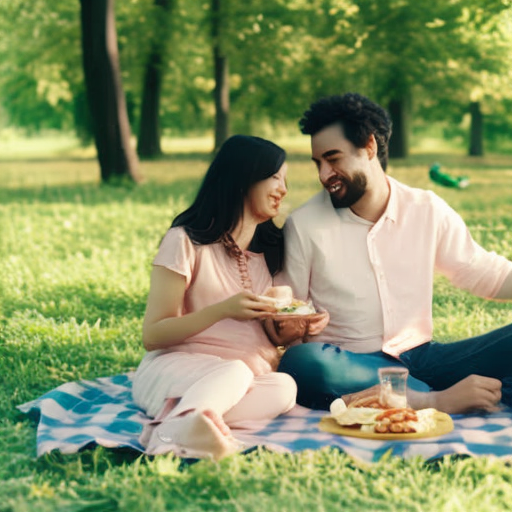 An image showcasing a loving couple sitting side by side on a picnic blanket, surrounded by a serene park