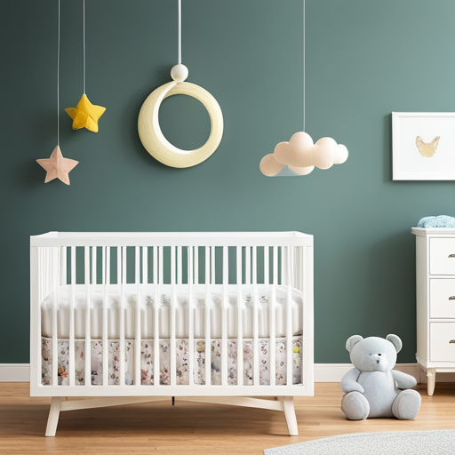 An image showcasing a serene nursery bathed in soft moonlight, with a delicate mobile gently swaying above a peacefully slumbering baby, cradled in a cozy, pastel-colored crib surrounded by plush toys and a soothing lullaby playing softly in the background