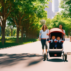 Quad Strollers 2 An image showcasing four smiling parents effortlessly maneuvering a sleek quad stroller through a bustling park