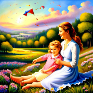 An image that portrays a warm, sunlit park scene, with a father and daughter sitting on a checkered blanket, laughing as they fly a kite in the gentle breeze, surrounded by colorful wildflowers