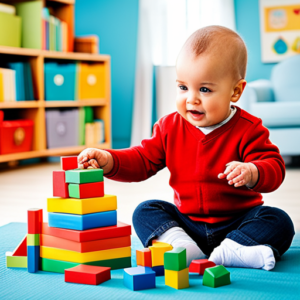 the essence of 'Raising a Smart Baby' with an image of a curious infant, eyes wide open, exploring a colorful array of educational toys, books, and puzzles, surrounded by a nurturing environment that fosters intellectual growth