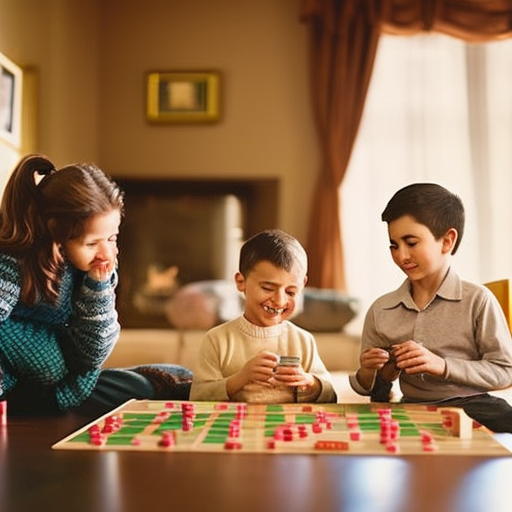  Depict a warm, cozy living room with a family engaged in various activities like playing board games, reading books, and sharing laughter, conveying a nurturing ambiance that fosters self-assurance and emotional well-being in school-age children