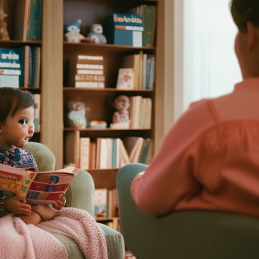 An image depicting a cozy nursery setting with a comfortable armchair, soft lighting, and shelves filled with colorful board books