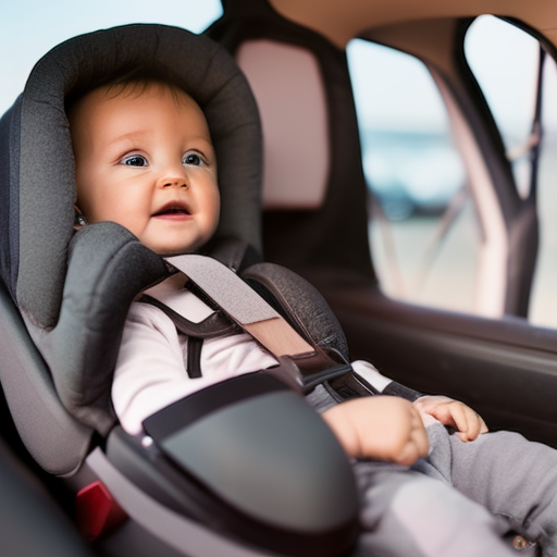 An image depicting a rear-facing car seat with a toddler securely strapped in, surrounded by a protective cocoon of cushioning and reinforced headrest, emphasizing the reduced risk of head injury